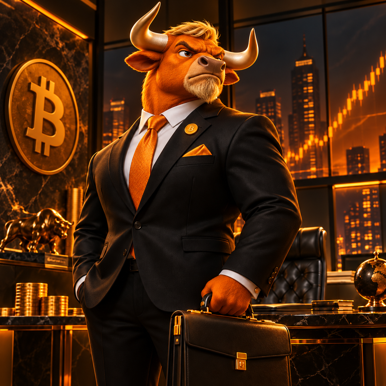 The $STACKR bull in a black suit and orange tie, holding a briefcase in his office.